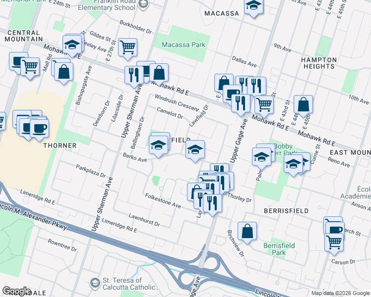 map of restaurants, bars, coffee shops, grocery stores, and more near 77 Lawfield Drive in Hamilton