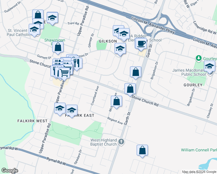 map of restaurants, bars, coffee shops, grocery stores, and more near 28 Maynard Street in Hamilton