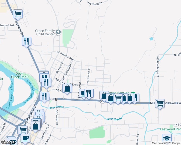 map of restaurants, bars, coffee shops, grocery stores, and more near 618 Northeast Denver Street in Roseburg