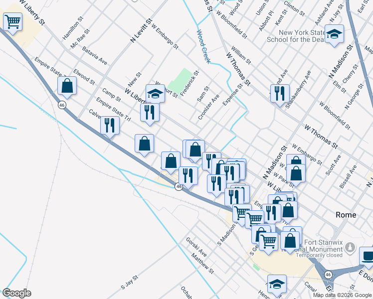 map of restaurants, bars, coffee shops, grocery stores, and more near 608 West Dominick Street in Rome
