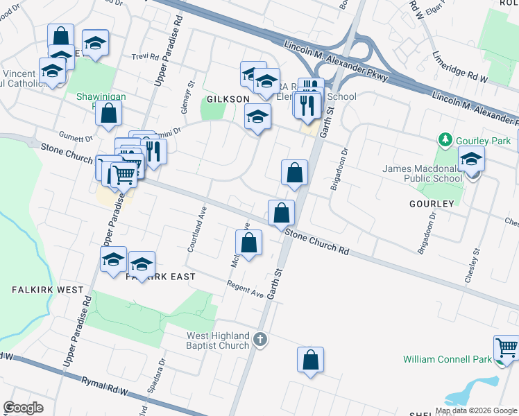 map of restaurants, bars, coffee shops, grocery stores, and more near 500 Stone Church Road West in Hamilton