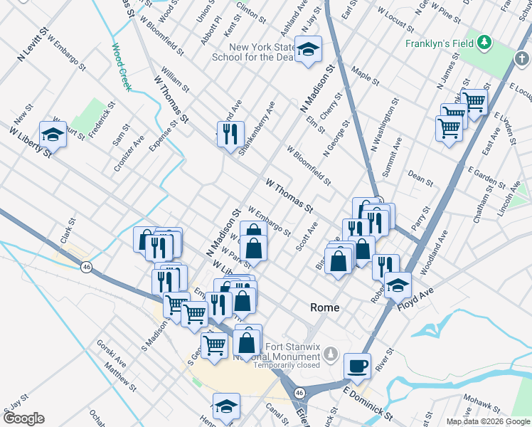 map of restaurants, bars, coffee shops, grocery stores, and more near 301 West Embargo Street in Rome