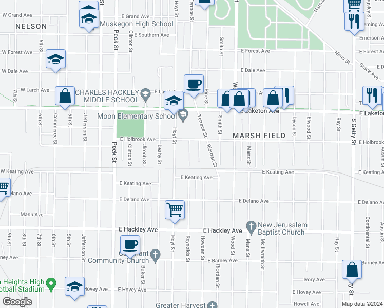 map of restaurants, bars, coffee shops, grocery stores, and more near 1948 Reynolds Street in Muskegon
