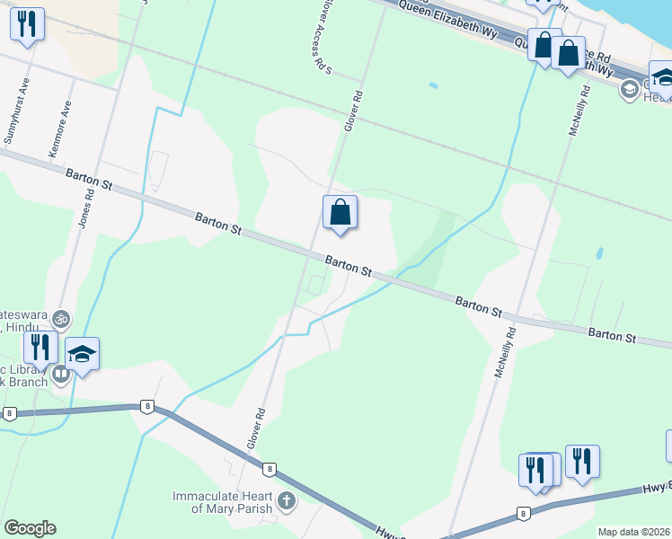 map of restaurants, bars, coffee shops, grocery stores, and more near 288 Glover Road in Hamilton