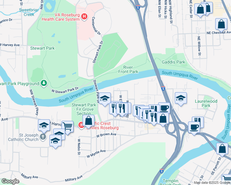 map of restaurants, bars, coffee shops, grocery stores, and more near 403 West Ballf Street in Roseburg