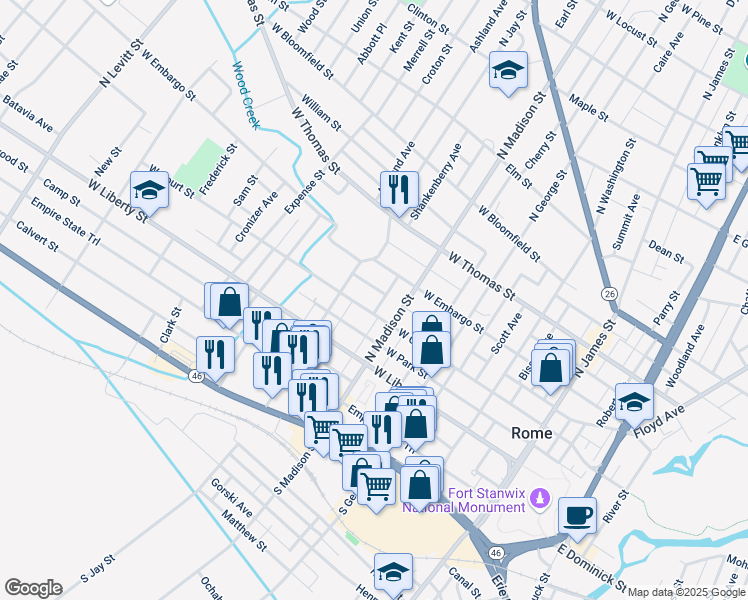 map of restaurants, bars, coffee shops, grocery stores, and more near 402 West Court Street in Rome