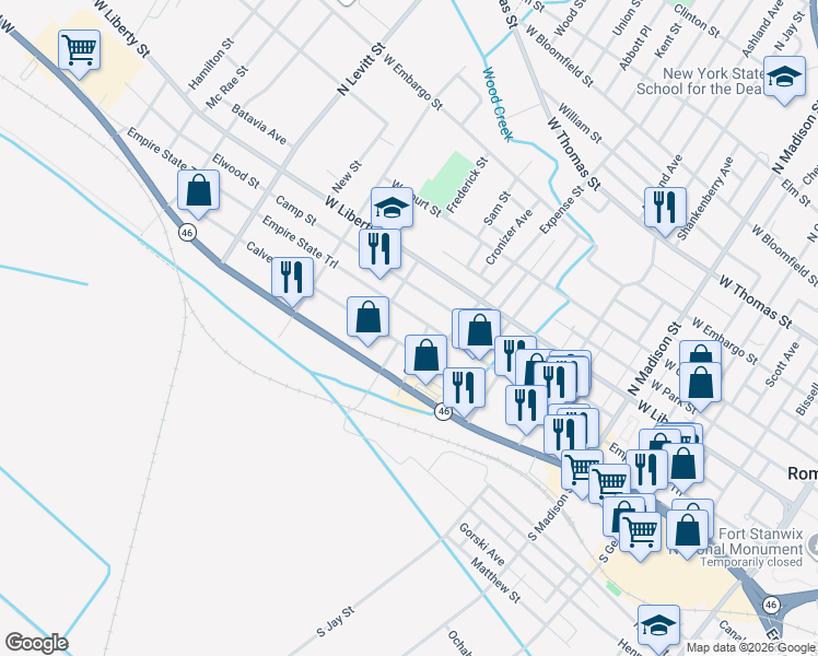 map of restaurants, bars, coffee shops, grocery stores, and more near 103-105 Clark Street in Rome