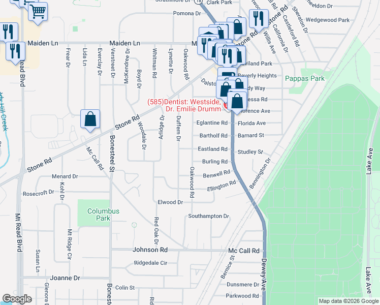 map of restaurants, bars, coffee shops, grocery stores, and more near 100 Burling Road in Rochester