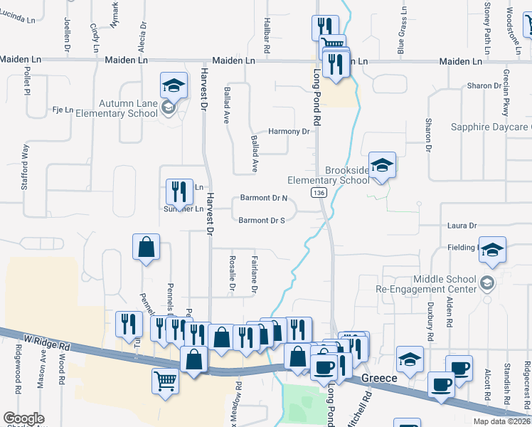 map of restaurants, bars, coffee shops, grocery stores, and more near 103 Barmont Drive South in Rochester