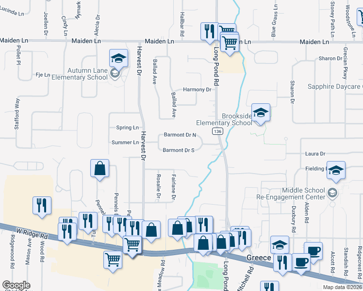 map of restaurants, bars, coffee shops, grocery stores, and more near 103 Barmont Drive South in Rochester