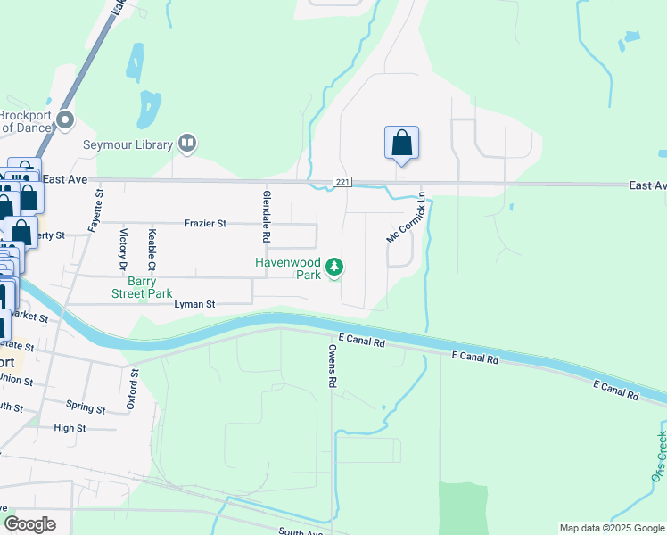 map of restaurants, bars, coffee shops, grocery stores, and more near 47 Havenwood Drive in Brockport