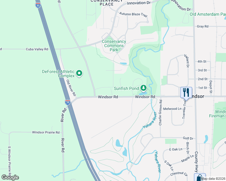 map of restaurants, bars, coffee shops, grocery stores, and more near Conservancy Pl in DeForest