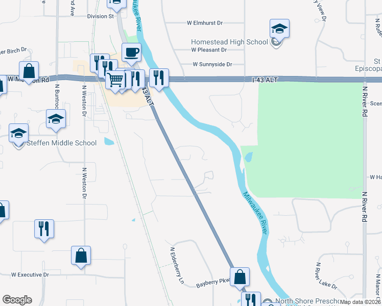 map of restaurants, bars, coffee shops, grocery stores, and more near 10954 North Cedarburg Road in Mequon