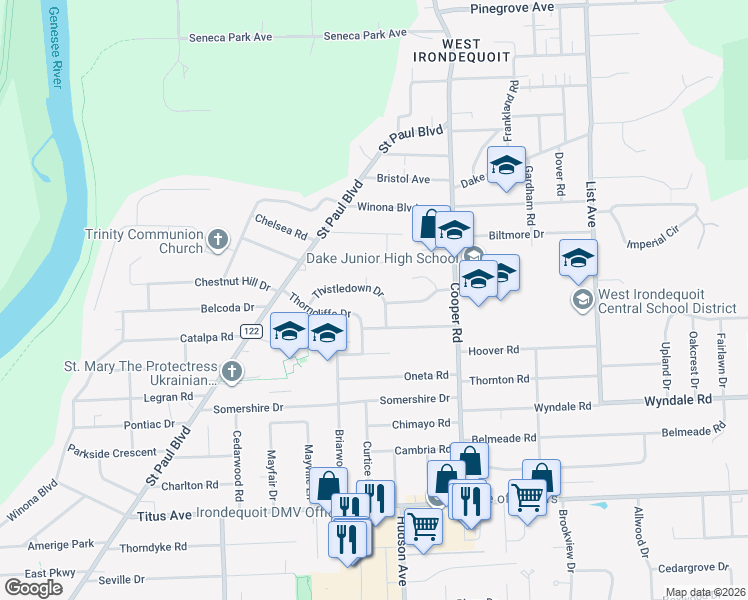 map of restaurants, bars, coffee shops, grocery stores, and more near 132 Thorncliffe Drive in Rochester