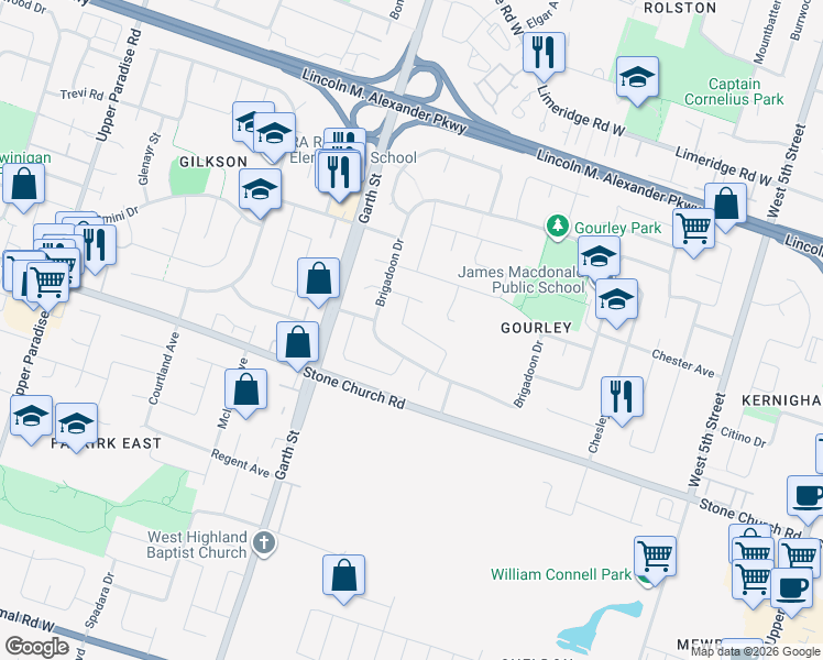map of restaurants, bars, coffee shops, grocery stores, and more near 617 Brigadoon Drive in Hamilton