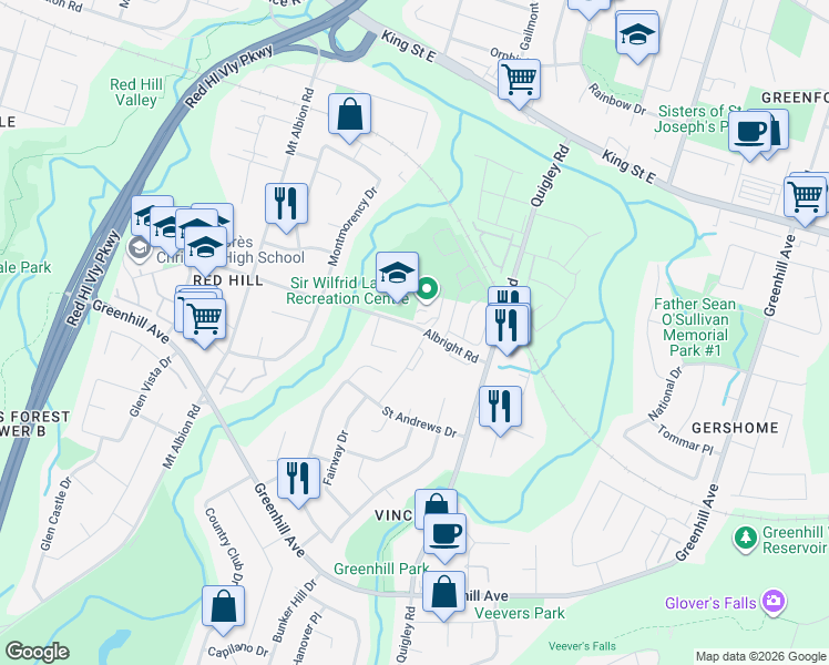 map of restaurants, bars, coffee shops, grocery stores, and more near 43 Albright Road in Hamilton