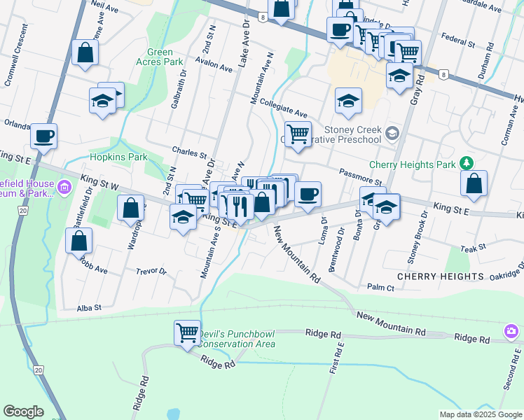 map of restaurants, bars, coffee shops, grocery stores, and more near 21 Jones Street in Hamilton