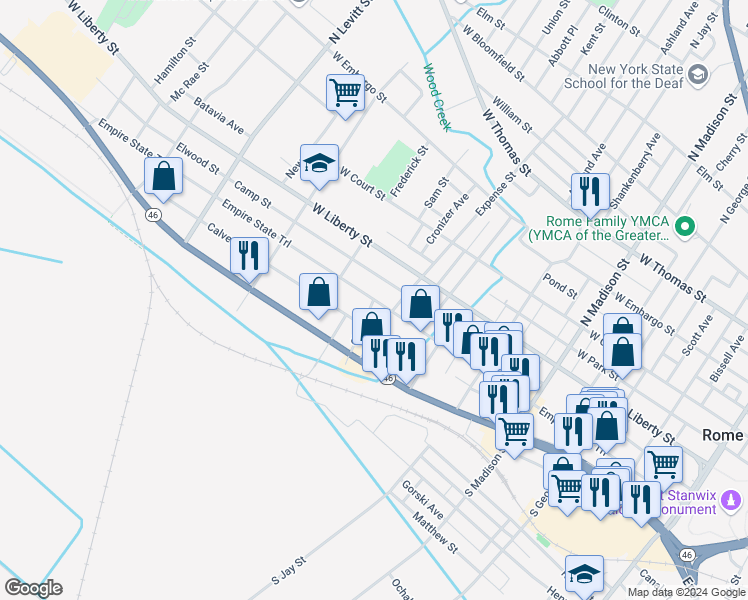 map of restaurants, bars, coffee shops, grocery stores, and more near 699 West Dominick Street in Rome