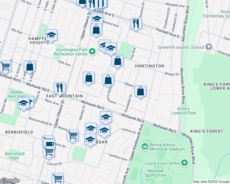 map of restaurants, bars, coffee shops, grocery stores, and more near 98 Wise Crescent in Hamilton