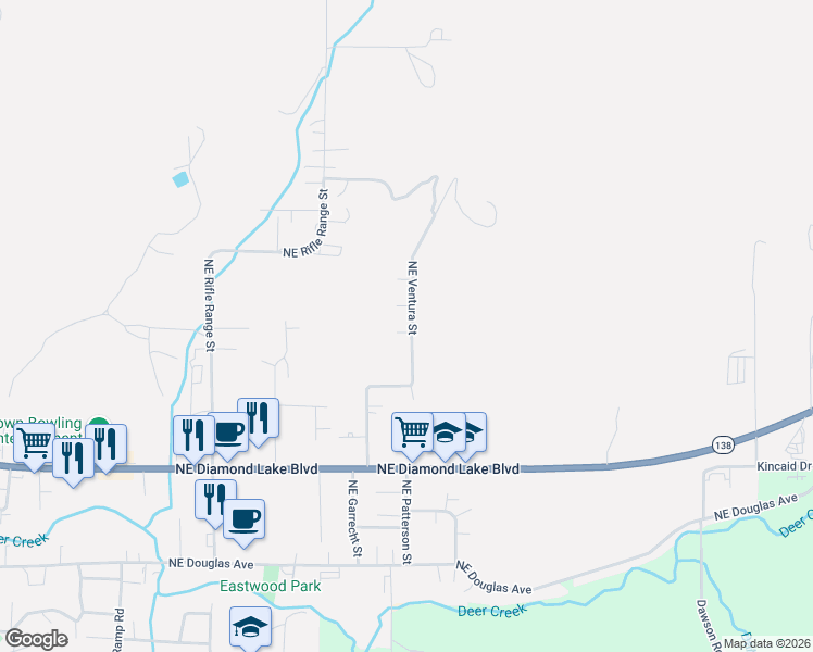 map of restaurants, bars, coffee shops, grocery stores, and more near 621 Northeast Ventura Street in Roseburg