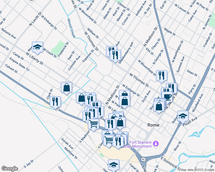 map of restaurants, bars, coffee shops, grocery stores, and more near 402 West Court Street in Rome