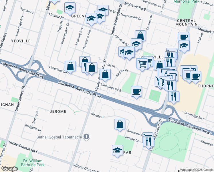 map of restaurants, bars, coffee shops, grocery stores, and more near in Hamilton