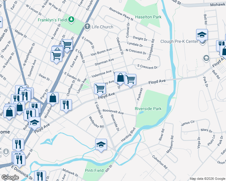 map of restaurants, bars, coffee shops, grocery stores, and more near 401 Healy Avenue in Rome