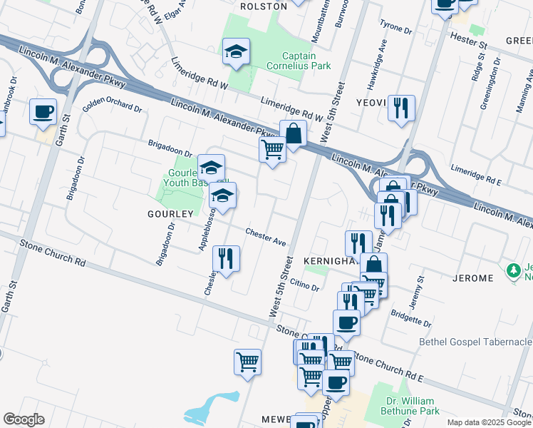 map of restaurants, bars, coffee shops, grocery stores, and more near 116 Annabelle Street in Hamilton