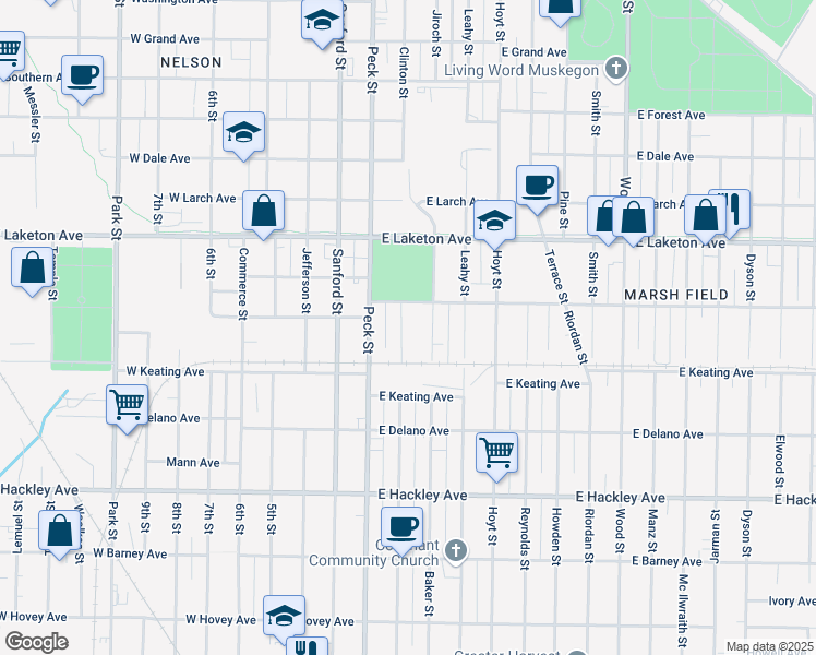 map of restaurants, bars, coffee shops, grocery stores, and more near 1938 Clinton Street in Muskegon