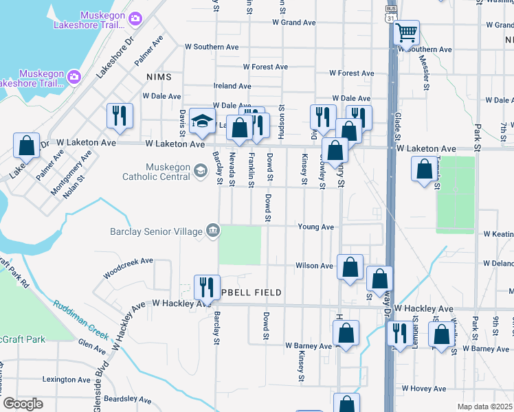 map of restaurants, bars, coffee shops, grocery stores, and more near 1004 Young Avenue in Muskegon