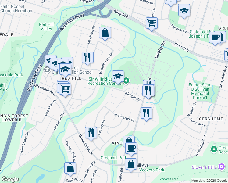 map of restaurants, bars, coffee shops, grocery stores, and more near 85 Albright Road in Hamilton