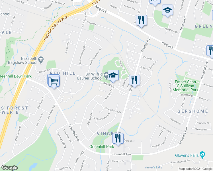 map of restaurants, bars, coffee shops, grocery stores, and more near 61 Albright Road in Hamilton