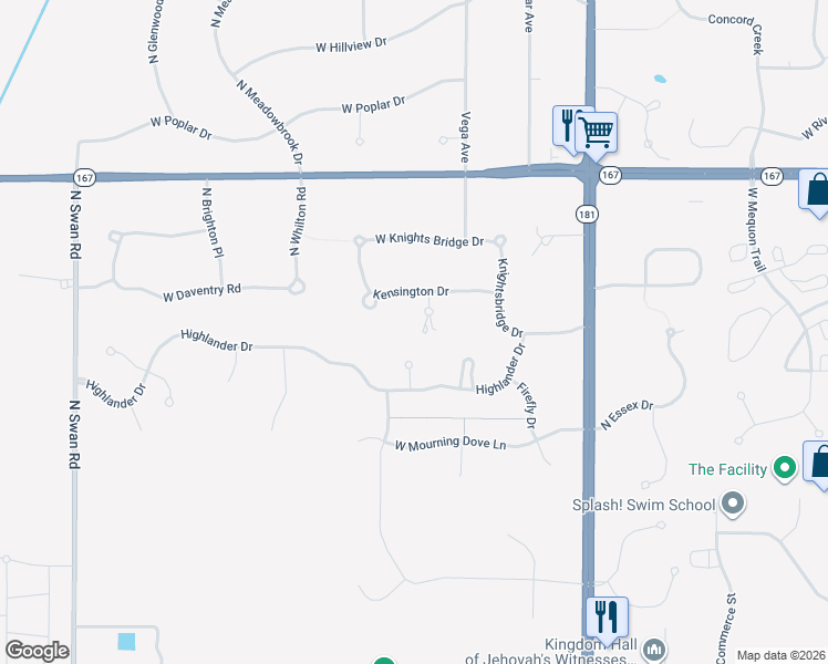 map of restaurants, bars, coffee shops, grocery stores, and more near 10911 North Knightsbridge Court in Mequon