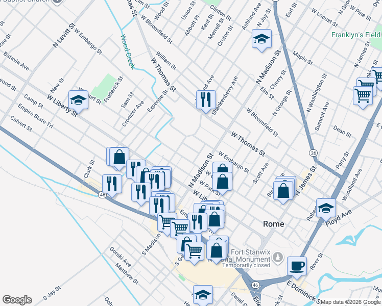 map of restaurants, bars, coffee shops, grocery stores, and more near 402 West Court Street in Rome