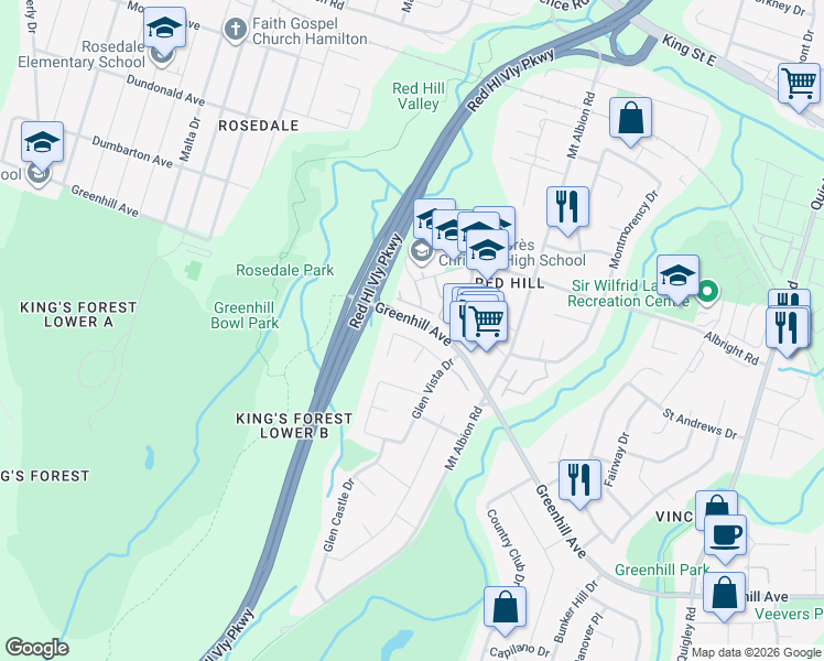 map of restaurants, bars, coffee shops, grocery stores, and more near 46 Brookstream Court in Hamilton