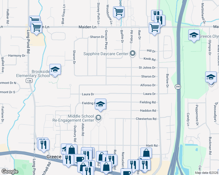 map of restaurants, bars, coffee shops, grocery stores, and more near 253 Laura Drive in Rochester