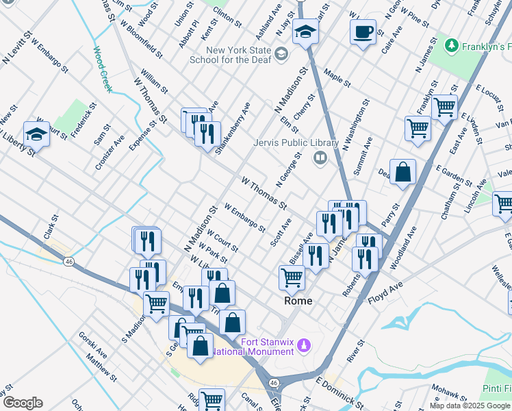 map of restaurants, bars, coffee shops, grocery stores, and more near 301 West Embargo Street in Rome