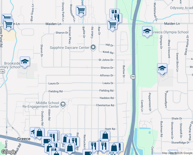 map of restaurants, bars, coffee shops, grocery stores, and more near 93 Laura Drive in Rochester