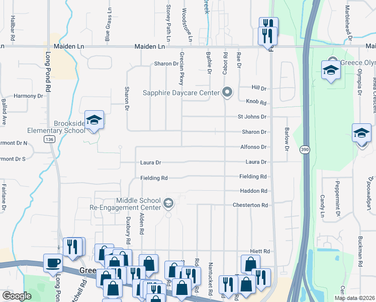 map of restaurants, bars, coffee shops, grocery stores, and more near 253 Laura Drive in Rochester