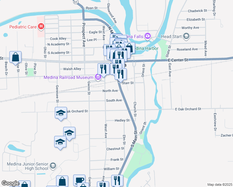 map of restaurants, bars, coffee shops, grocery stores, and more near 109 South Avenue in Medina