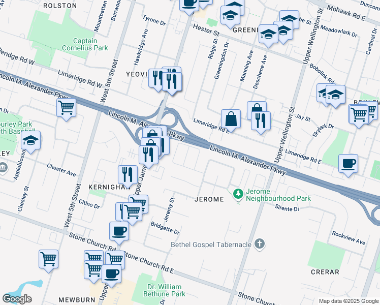 map of restaurants, bars, coffee shops, grocery stores, and more near 236 Chartwell Circle in Hamilton