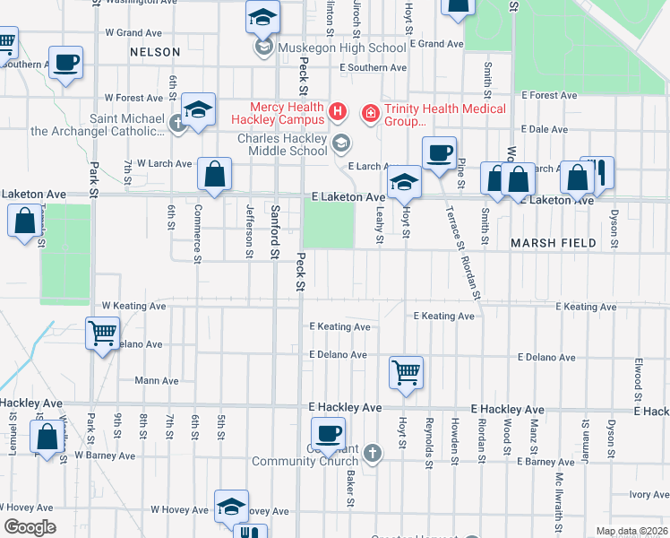 map of restaurants, bars, coffee shops, grocery stores, and more near 1975 Jiroch Street in Muskegon
