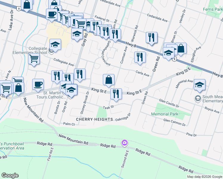 map of restaurants, bars, coffee shops, grocery stores, and more near 232 King Street East in Hamilton