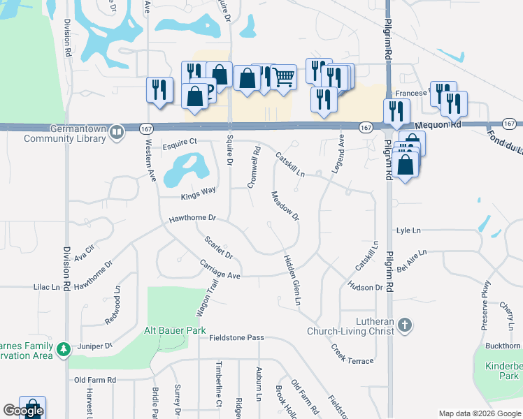map of restaurants, bars, coffee shops, grocery stores, and more near W162N10979 Friars Court in Germantown