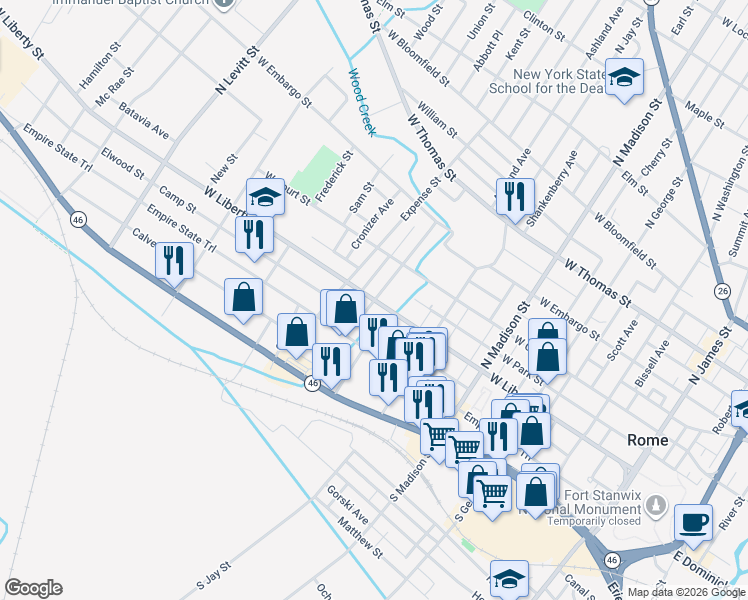 map of restaurants, bars, coffee shops, grocery stores, and more near West Liberty Street & Kossuth Street in Rome