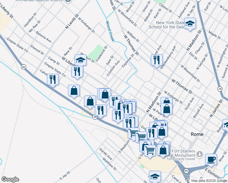 map of restaurants, bars, coffee shops, grocery stores, and more near 200 Kossuth Street in Rome