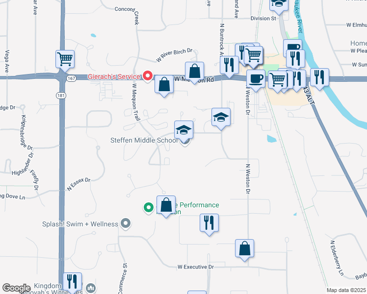 map of restaurants, bars, coffee shops, grocery stores, and more near 6633 Steffen Drive in Mequon