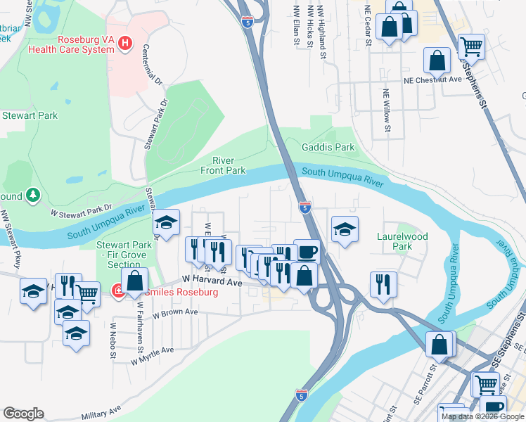 map of restaurants, bars, coffee shops, grocery stores, and more near 432 West Umpqua Street in Roseburg