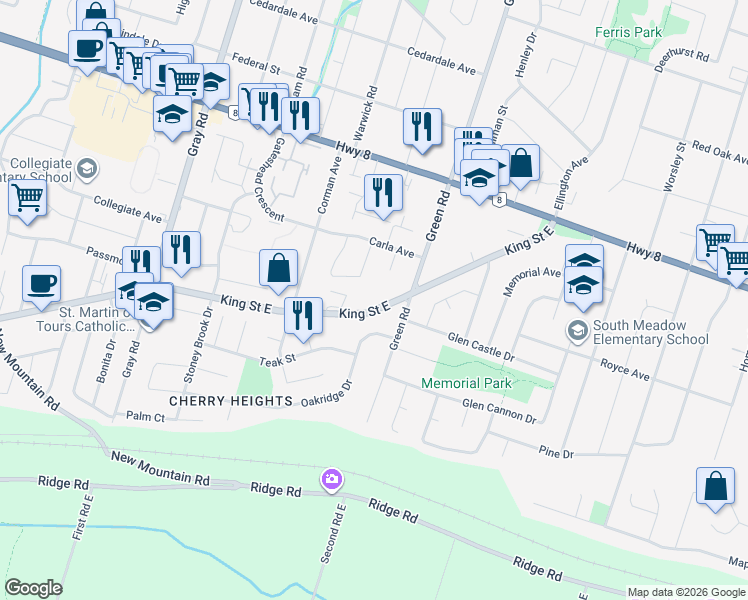 map of restaurants, bars, coffee shops, grocery stores, and more near 259 King Street East in Hamilton