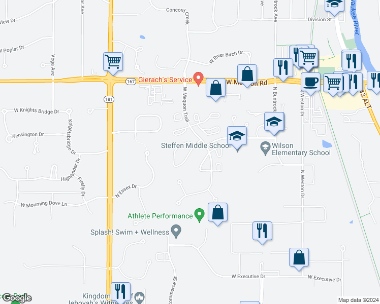 map of restaurants, bars, coffee shops, grocery stores, and more near Tamarack Court in Mequon